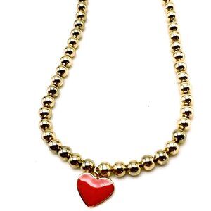 Vintage LOFT Gold-tone Beaded Bracelet Red Enamel Mini Heart Charm